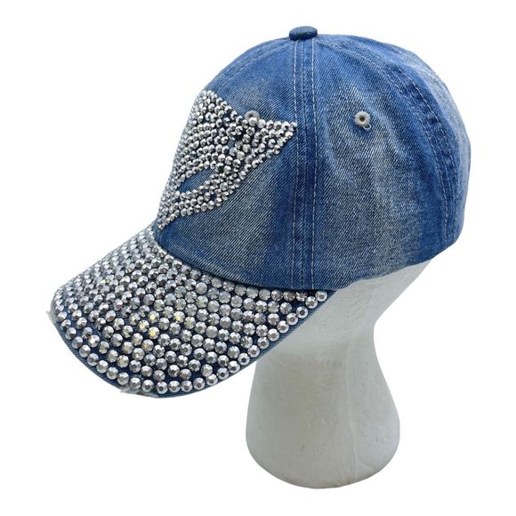 CapriCorn-2013 Denim Bling Hat Cap Visor Studded Rhinestones Gems Cat Girl - Picture 2 of 4
